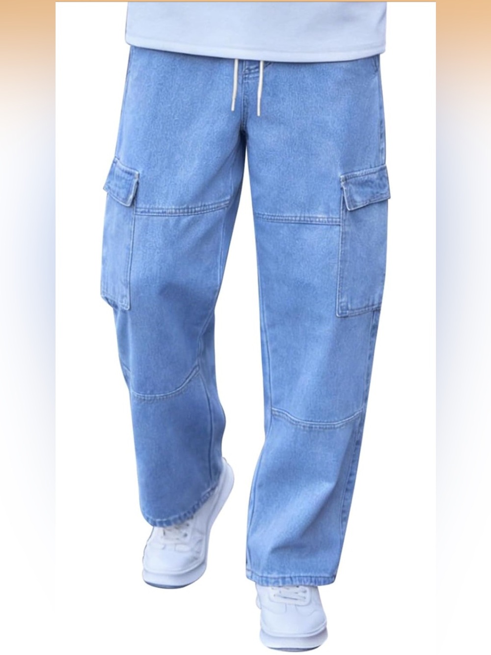 Light Blue Draw string Cargo Denim Pants - Men